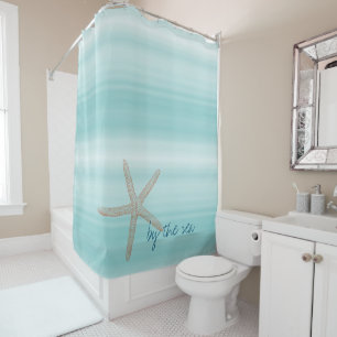 Aqua Mint White Beach Vibes Starfish       Duschvorhang