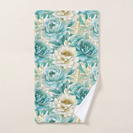 Aqua Mint White Floral Badhandtuch Set (Handtuch)