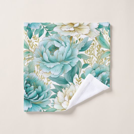 Aqua Mint White Floral Badhandtuch Set (Waschlappen)