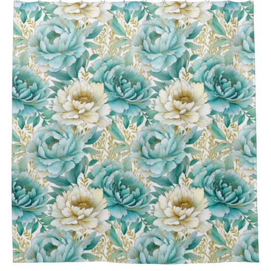Aqua Mint White Floral Duschvorhang (Vorderseite)