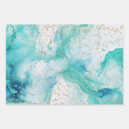 Aqua Mint White Gold Weihnachtsbaum Geschenkpapier Set (Vorderseite 3)