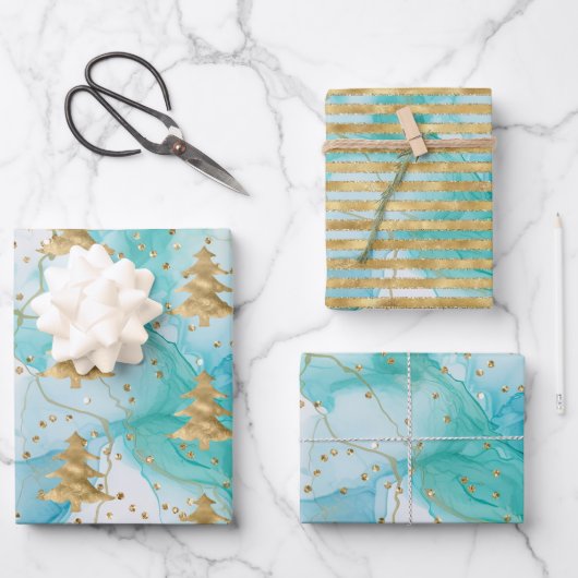 Aqua Mint White Gold Weihnachtsbaum Geschenkpapier Set (Vorderseite)
