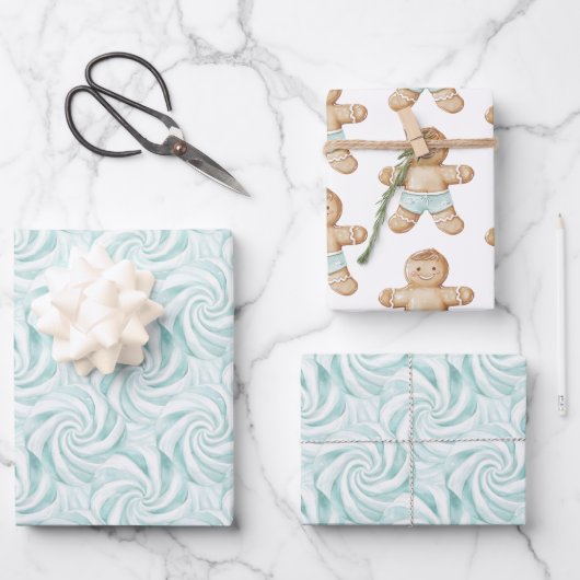 Aqua Mint White Wirbel Weihnachten Geschenkpapier Set (Vorderseite)