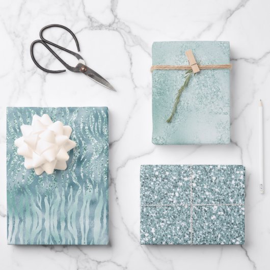 Aqua Mint Zebra Print Confetti Glitzer Geschenkpapier Set (Vorderseite)
