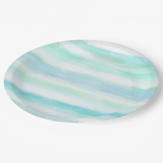 Aqua Minze Blau Weiße Wasserfarben Streifen Pappteller (Schrägansicht)