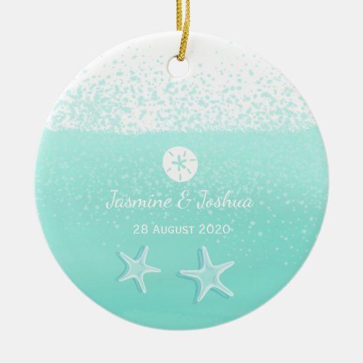 Aqua Minze grüne Aquarellfarbe und Dollar Seestern Keramikornament (Vorne)