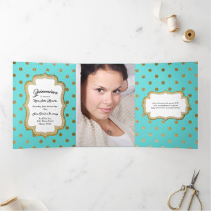 Aqua mit Gold Dots und Custom Foto Quinceañera Dreifach Gefaltete Einladung