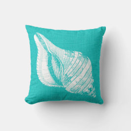 Aqua mit White Conch Seashell Burlap Look Kissen