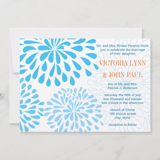 Aqua Modern Floral Chrysanthemum Wedding Einladung (Vorderseite)