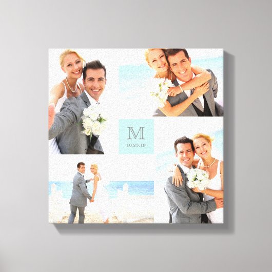 Aqua Modern Grid Monogram Wedding 4 Foto Collage Leinwanddruck (Vorderseite)