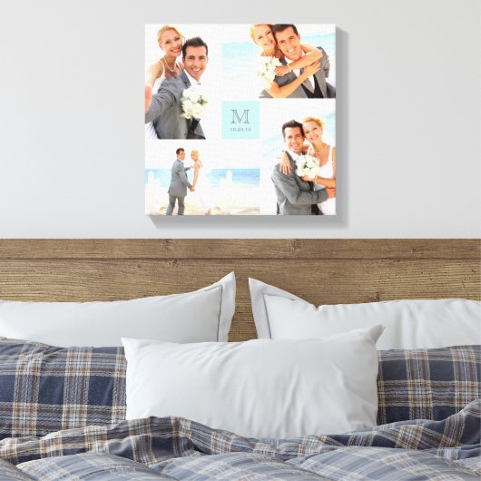 Aqua Modern Grid Monogram Wedding 4 Foto Collage Leinwanddruck (Insitu (Schlafzimmer))