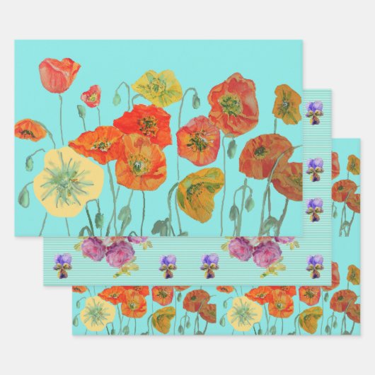 Aqua Mohn Mohnblumen Blumen Wasserfarbe  Geschenkpapier Set (Set)