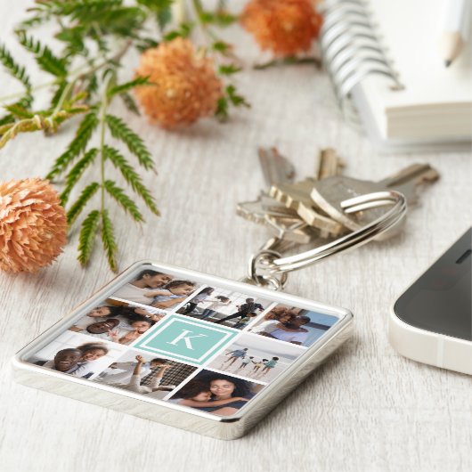 Aqua Monogram 8 FotoCollage Schlüsselanhänger (Seite)