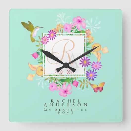 Aqua Monogram Quadratische Wanduhr (Vorderseite)