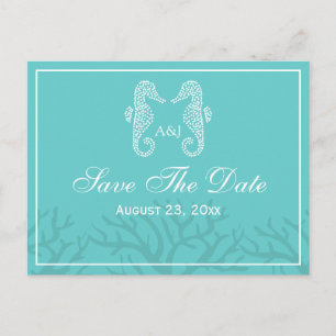 Aqua Monogram Seepferd Save the Date Postkarten