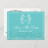 Aqua Monogram Seepferd Save the Date Postkarten (Vorne/Hinten)