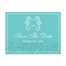 Aqua Monogram Seepferd Save the Date Postkarten