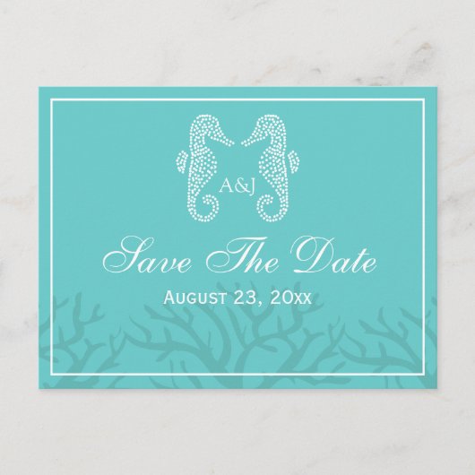 Aqua Monogram Seepferd Save the Date Postkarten (Vorderseite)