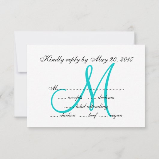 Aqua Monogram Zebra Print Wedding RSVP Card (Rückseite)