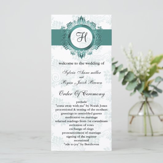 Aqua-Monogramm-Hochzeitsprogramm Programm (Stehend Vorderseite)