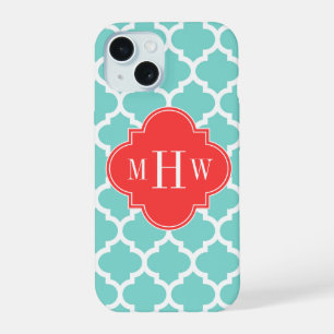 Aqua Moroccan #5 Korallenrot 3 Initiale Monogramm iPhone 15 Hülle