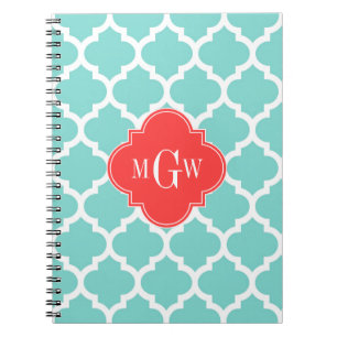 Aqua Moroccan #5 Korallenrot 3 Initialen Monogramm Notizblock