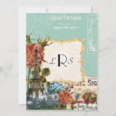 Aqua n Cream Vintag Eiffelturm Rose Wedding Einladung (Rückseite)