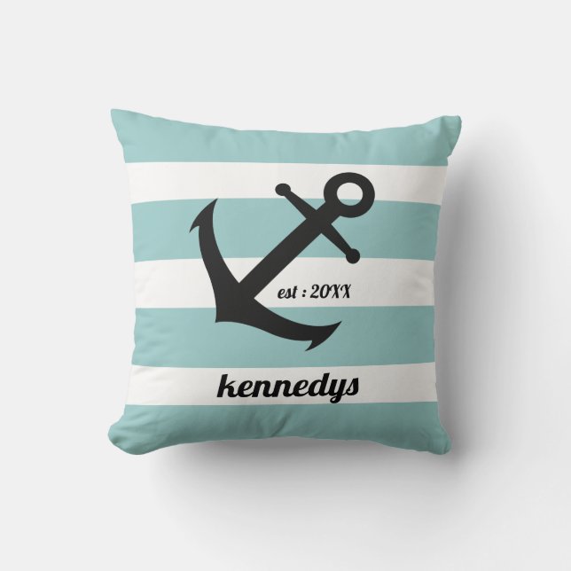 Aqua Nautical Stripes Name Kissen (Vorderseite)