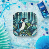 Aqua Navy Blue Green Pinguin Forest mit Abstrakten Pappteller (Party)