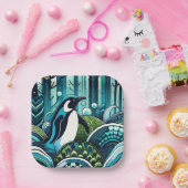 Aqua Navy Blue Green Pinguin Forest mit Abstrakten Pappteller (Party)
