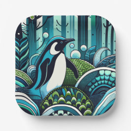 Aqua Navy Blue Green Pinguin Forest mit Abstrakten Pappteller
