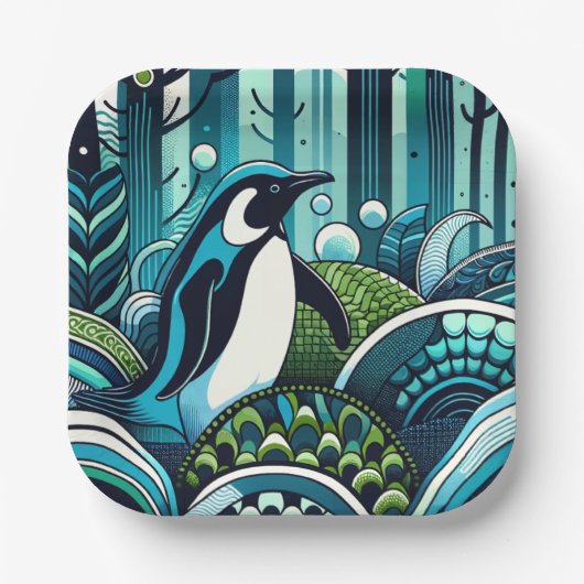 Aqua Navy Blue Green Pinguin Forest mit Abstrakten Pappteller (Vorderseite)