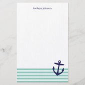 Aqua & Navy Blue Nautical Stripes & Niedlich Anker Briefpapier (Vorderseite)