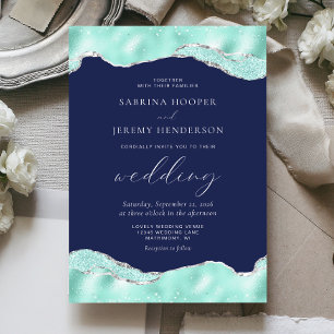 Aqua Navy Blue Silver Foil Glitzer Wedding Einladung