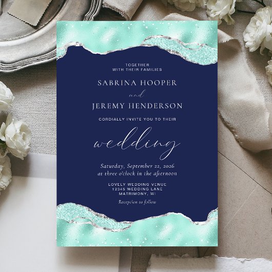 Aqua Navy Blue Silver Foil Glitzer Wedding Einladung