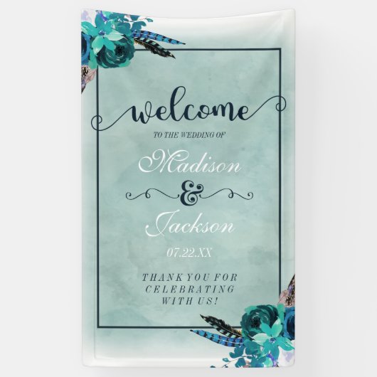 Aqua & Navy Blue Watercolor Blumenzwiebeln Willkom Banner (Vertikal)