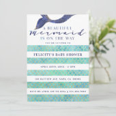 Aqua Navy Gold Meerjungenskales & Stipe Baby Dusch Einladung (Stehend Vorderseite)