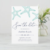 Aqua & Navy Starfish Save the Date Karte (Stehend Vorderseite)