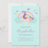 Aqua | Niedlich Rainbow Unicorn Personalisiert Geb Einladung (Vorderseite)