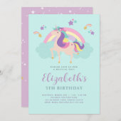 Aqua | Niedlich Rainbow Unicorn Personalisiert Geb Einladung (Vorne/Hinten)
