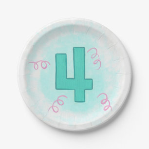 Aqua Number Four Pink Wirbel Birthday Tellers Pappteller