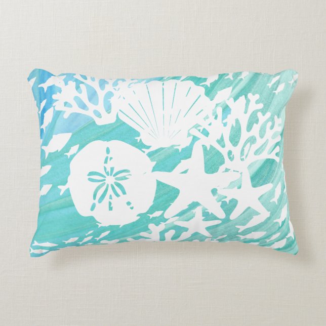 Aqua Ocean Seashells Fisch Coral Dekokissen (Vorderseite)