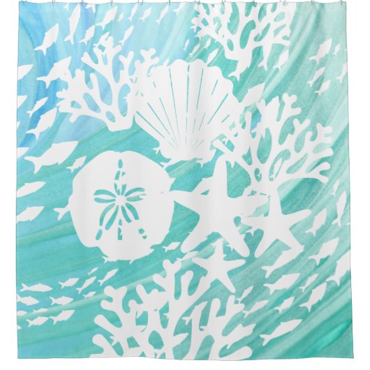 Aqua Ocean Seashells Fisch Coral Duschvorhang (Vorderseite)