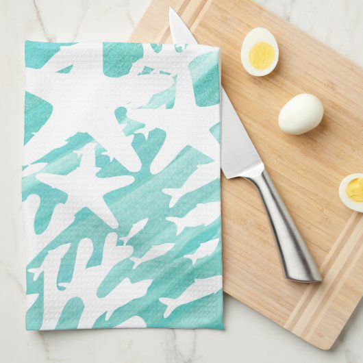 Aqua Ocean Seashells Fisch Coral Geschirrtuch (Viertel Falte)