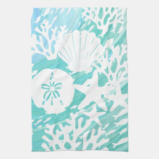 Aqua Ocean Seashells Fisch Coral Geschirrtuch (Vertikal)