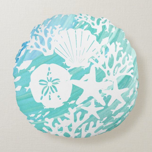 Aqua Ocean Seashells Fisch Coral Rundes Kissen (Vorderseite)
