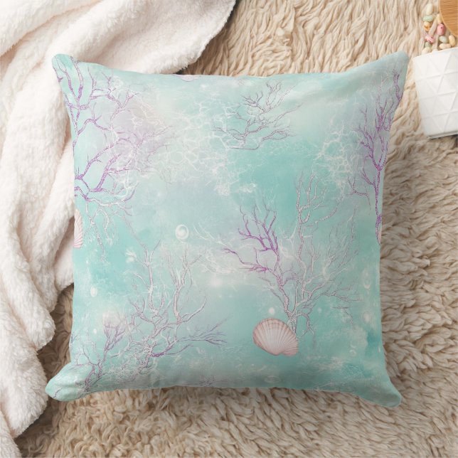Aqua Ocean Waves & Seashell Pattern (16) Kissen (Decke)