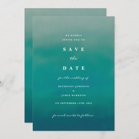 Aqua Ombre Boho Save the Date Einladung (Vorne/Hinten)