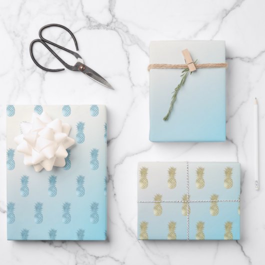 Aqua Ombre Gold Ananas Geschenkpapier Set (Vorderseite)