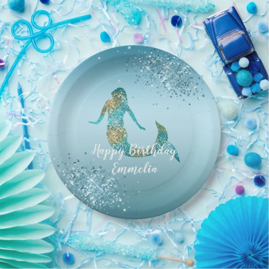 Aqua Ombre Gold Glitzer Sparkle Mermaid Pappteller (Party)